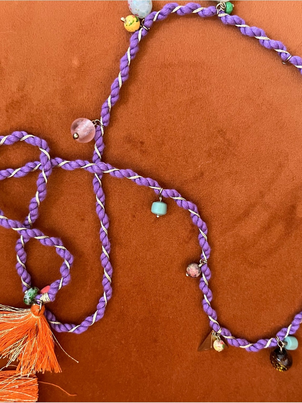 Zara beaded Handcrafted Purple and Orange Tassel Necklace - Picture 4 of 5